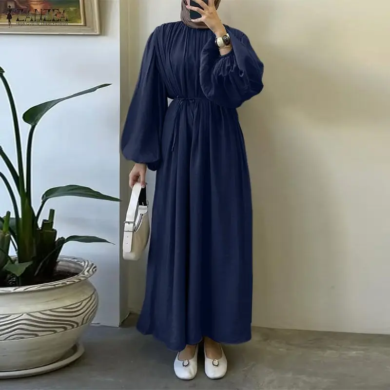 

Fashion Muslim Dress Abaya ZANZEA Women O Neck Long Lantern Sleeve Solid Sundress Casual Kaftan Elegant Loose Ramadan Robe 2026