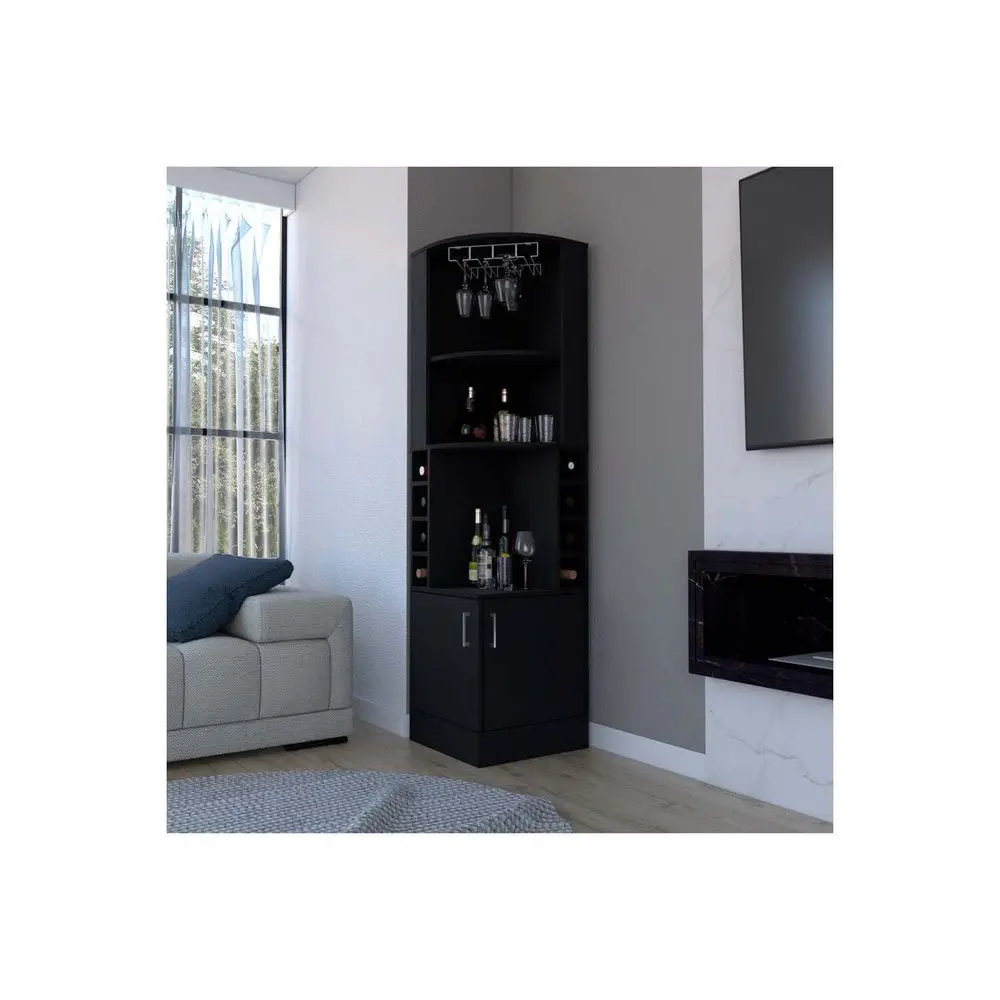 

Corner Bar Cabinet Modern Home Bar Storage with Wine Rack Black Finish