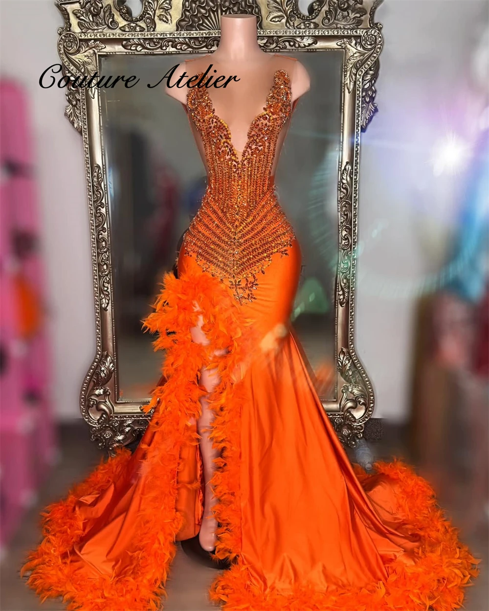 Orange Feathers Split Rhinestones Prom Dress For Black Girls Party Dress Women Elegant Luxury Spandex Gala Dresses Customized