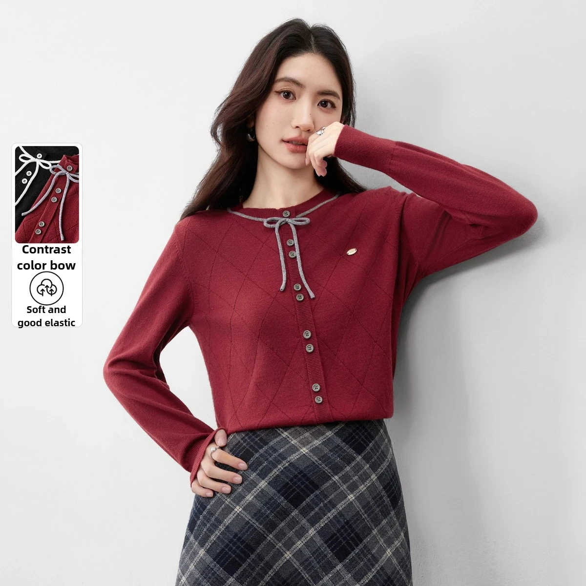 

SENTUBILA Women's Knit Sweater 2025 Autumn Crew Neck Contrast Bow Detail Elastic Cardigan Gentle Style Casual Jumper W53HE3389