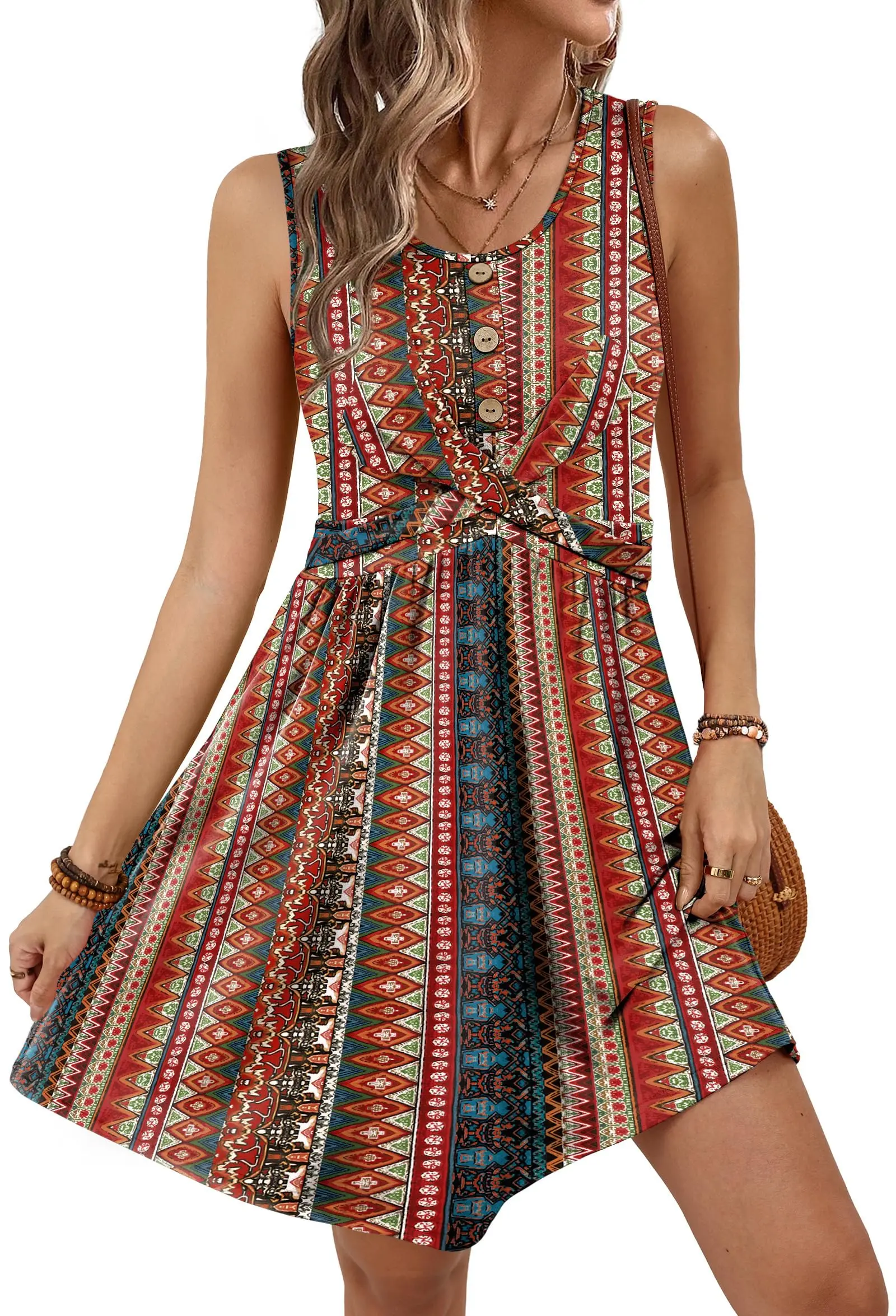 

Bohemian Print Sleeveless Button Down A-Line Mini Dress For Women Summer Beach Fashion