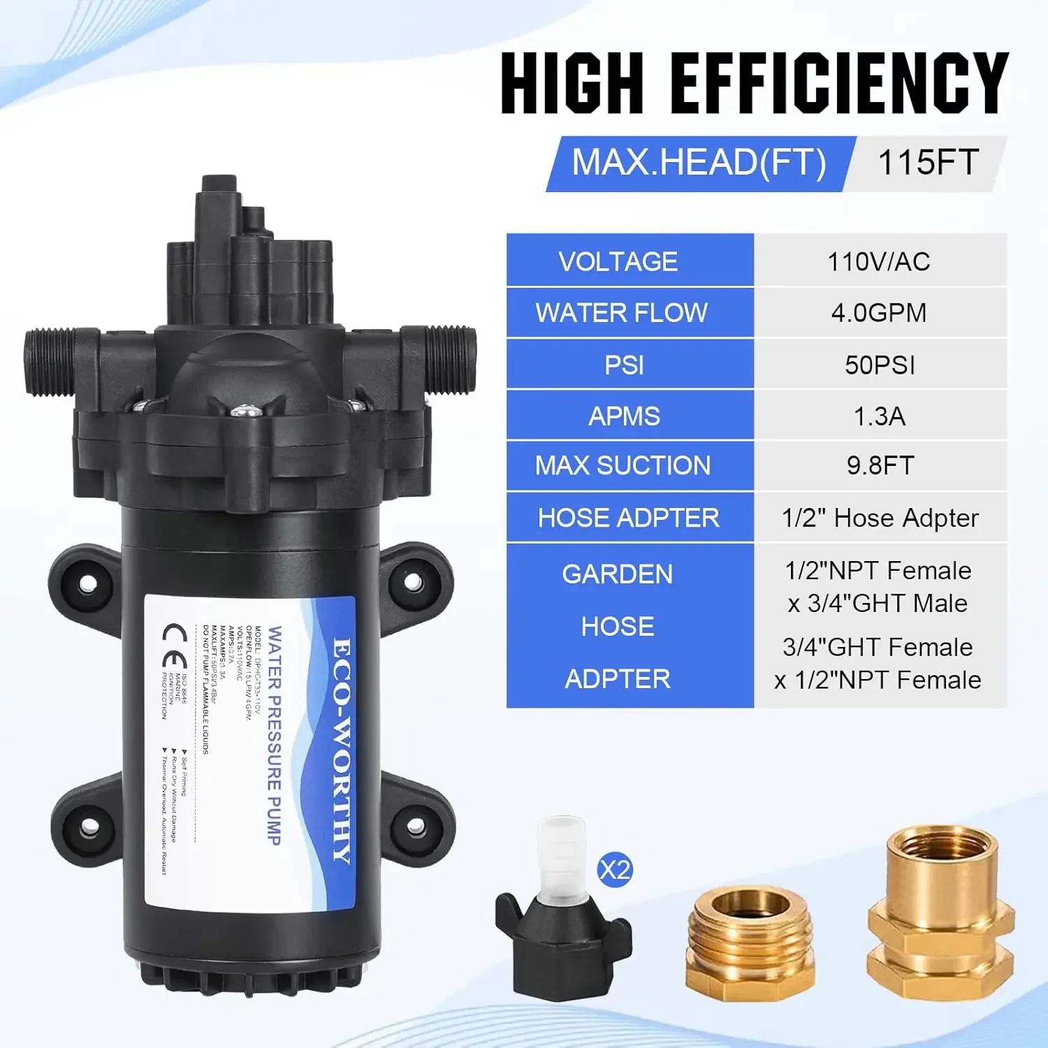 Series Industrial Water Pressure Pump 110V AC 4.0GPM 50PSI RV Fresh Water Diaphragm Pump include Garden Hose Adapt