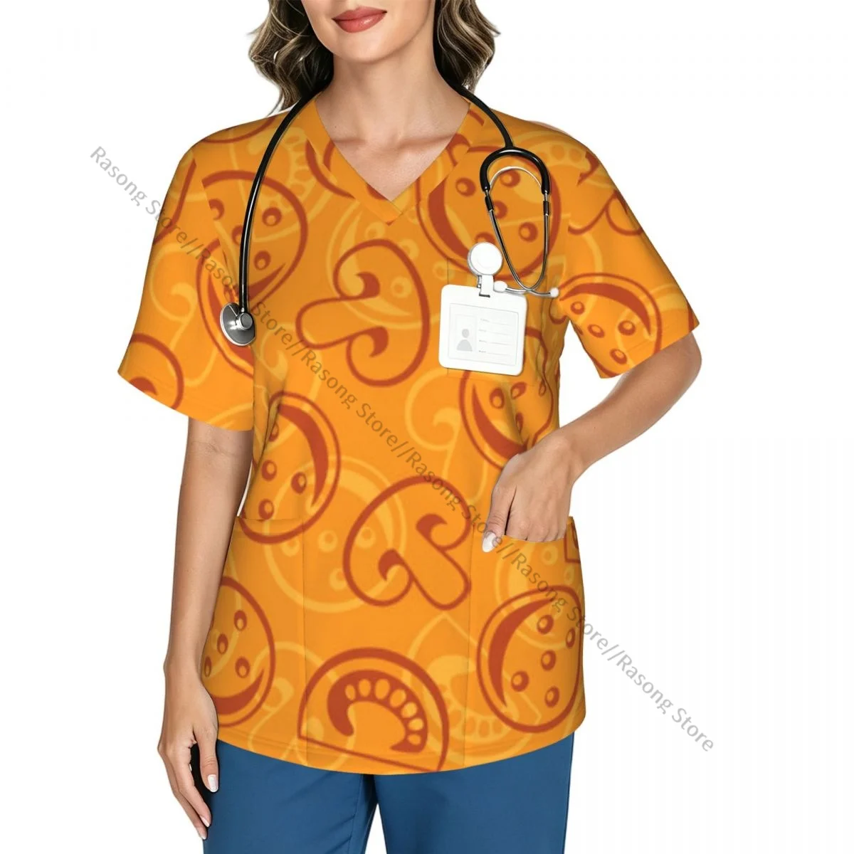 Women V Neck Scrub Top Pizza Background Short Sleeve Nurse Hospital Uniforms Female Working Clothes with Pocket