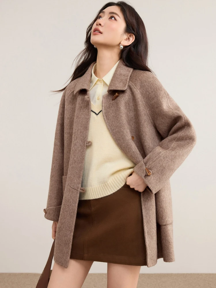 SENTUBILA 100% Wool Women's Lapel Coat with Horn Buttons Loose Fit Overcoat 2025 Winter Warm Elegant Long Sleeve Coat W54OC8770