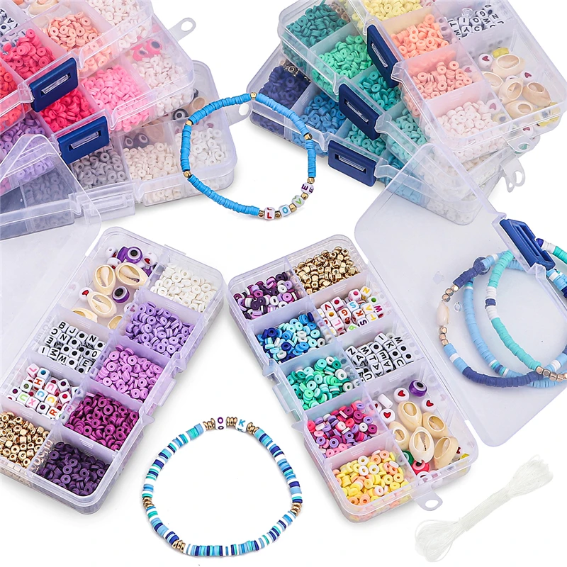 10 Grid, Boxed Beads Kits for Jewelry Making, Polymer Clay, Acrylic Letter Seed Beads Set, Elastic Cord for Girls, DIY Bracelet