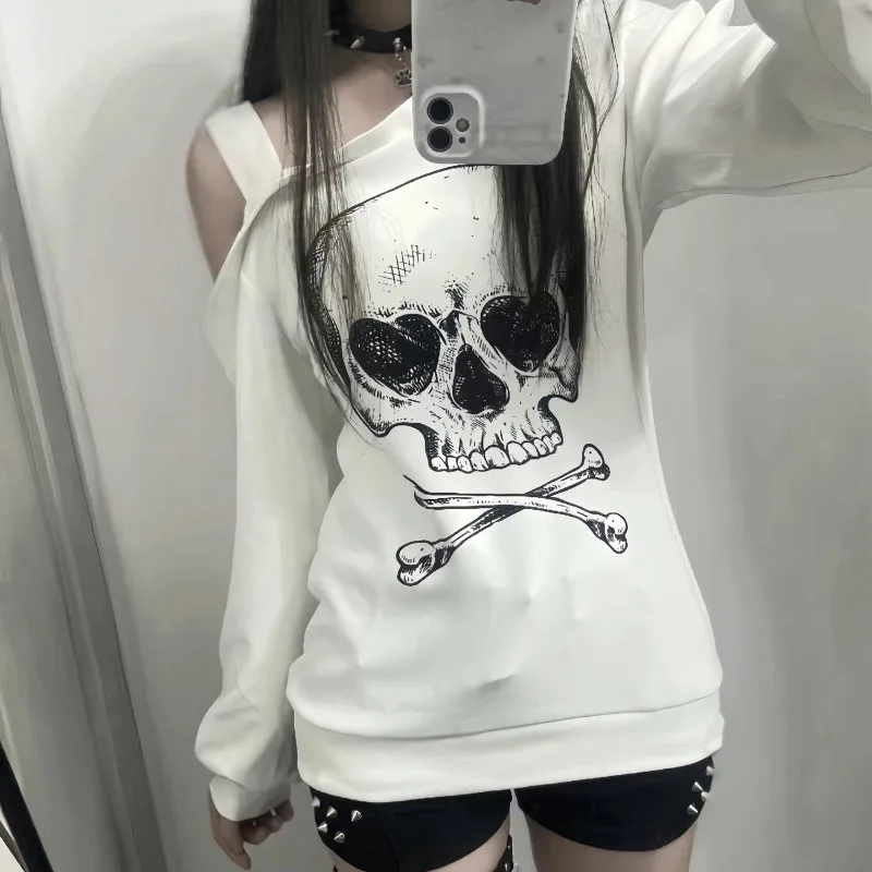 

American Vintage Skull Print Long Sleeved Tshirts Diagonal Collar Off The Shoulder Hottie Girl Gothic Punk Women Tops Sweatshirt