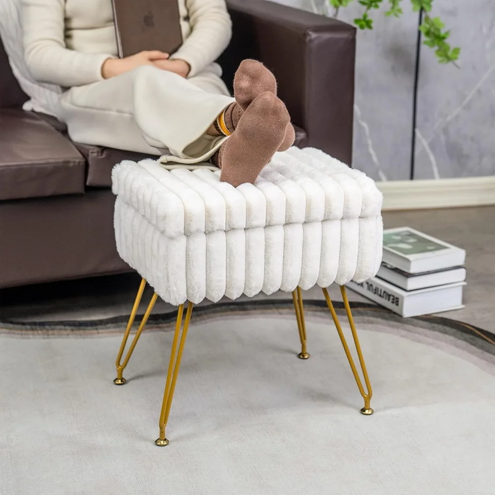 Белый туалетный столик из искусственного меха с пуфиком для хранения вещей, металлическими ножками для спальни или макияжа