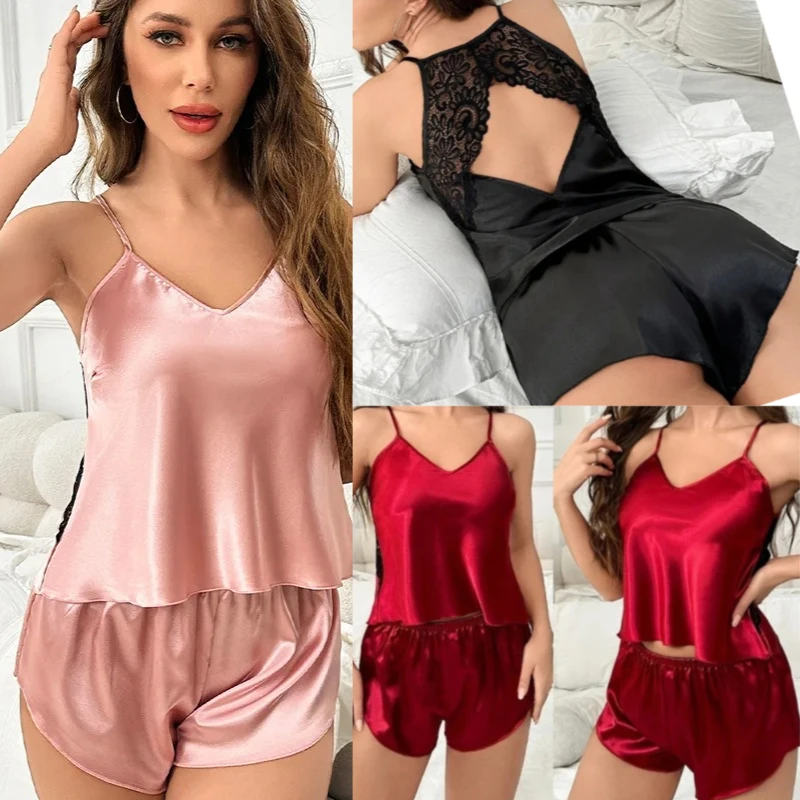 

Summer Female Pajamas Set Sexy Lace Strap Top&shorts Pijamas Suit Sleepwear Nightsuits Casual Rayon Intimate Lingerie
