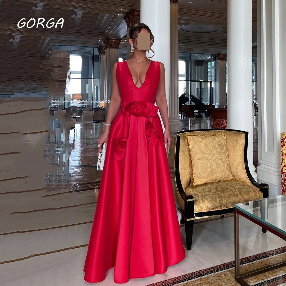 

GORGA Deep V-Neck 3D Flowers Satin Evening Dresses Saudi Arabia Slim A-LINE Formal Occasion Dress Floor-Length Party Gowns