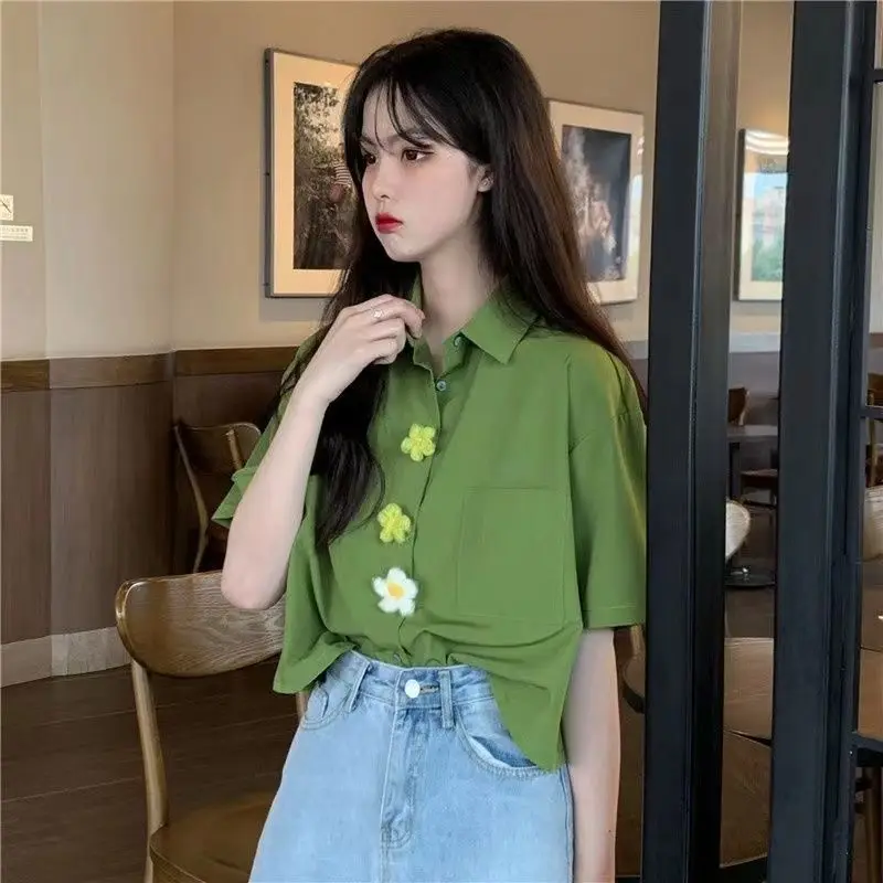 Woman Clothes Korean Fashion Style Prairie Chic Short Sleeved Shirt Loose Trend Top Color Collision Popularity Polo-neck Casual