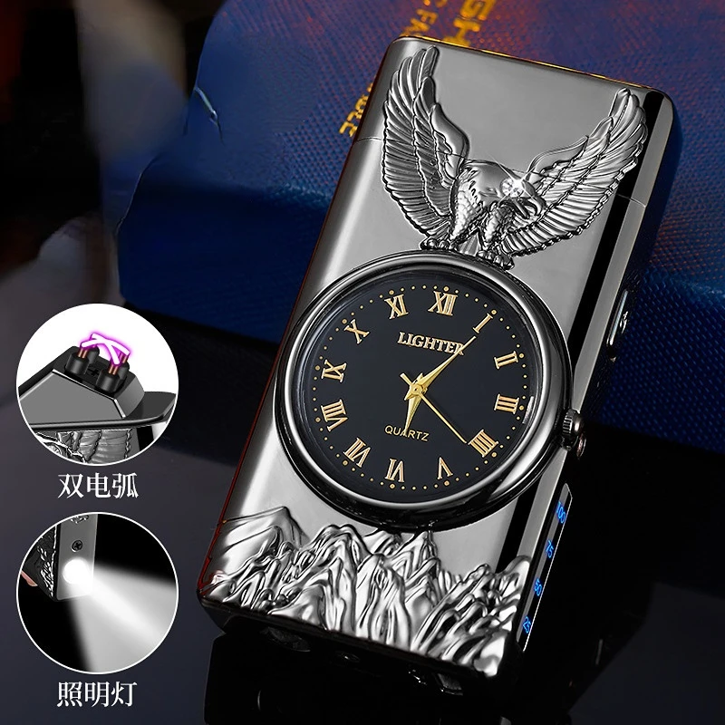 USB Rechargeable Dual Arc Metal Windproof Multifunction Lighter, Eagle Engraved Luminous Dial, LED Lighting Cigarette Lighter