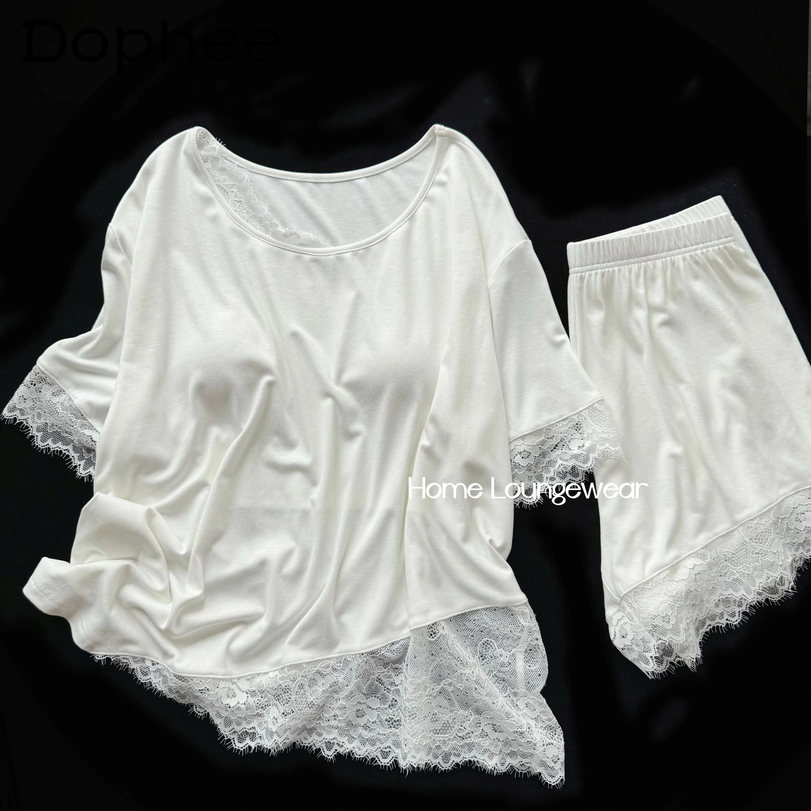 

2025 New Modal Cotton Lace Crew Neck Pajamas Women's Loose Simple Short Sleeves with Chest Pad Casual Outdoor Loungewear Set