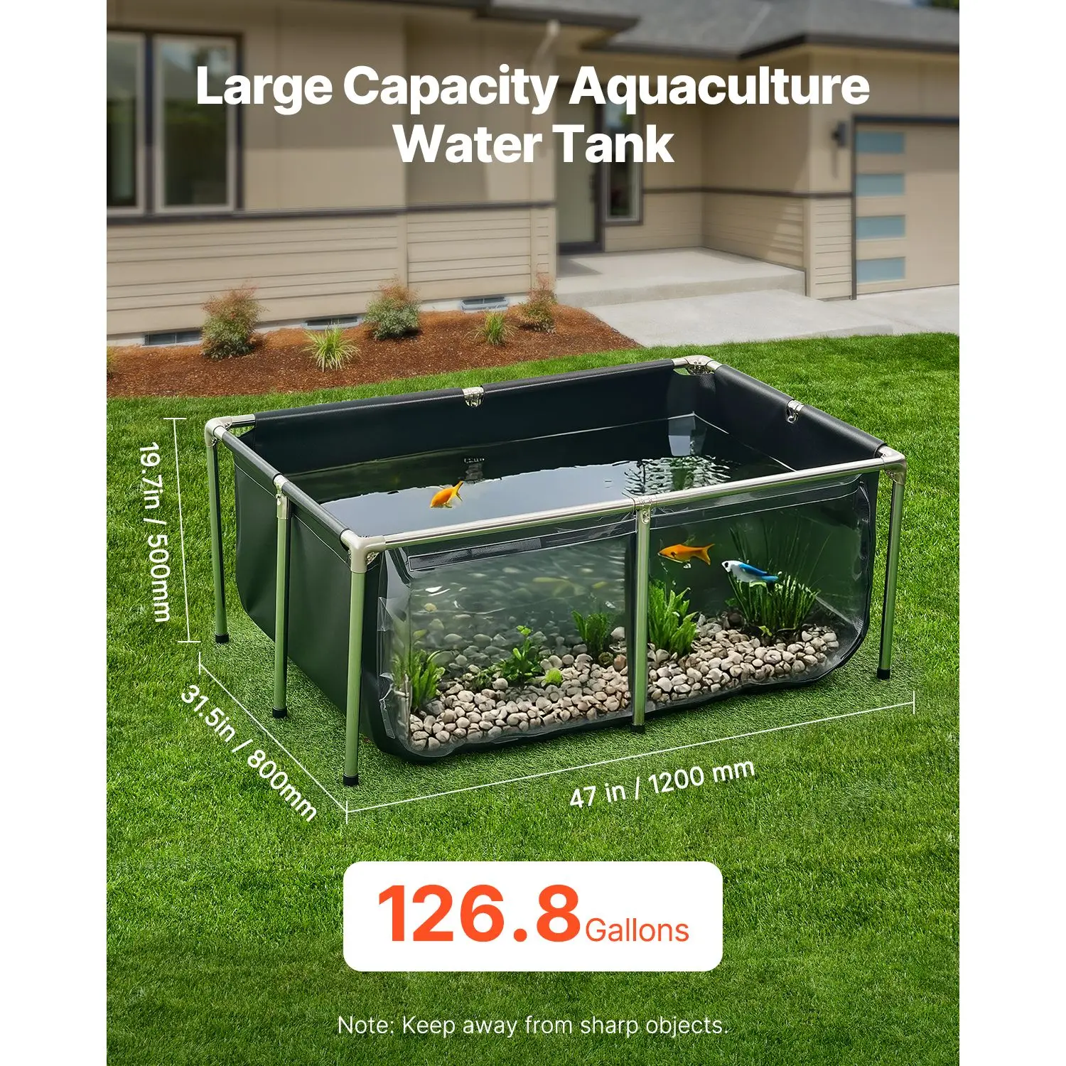 Canvas Fish Pond, 126.8 Gal Above Ground Fish Pond, PVC Koi Tank with Clear Viewing Panel, Rectangular Goldfish Tank with