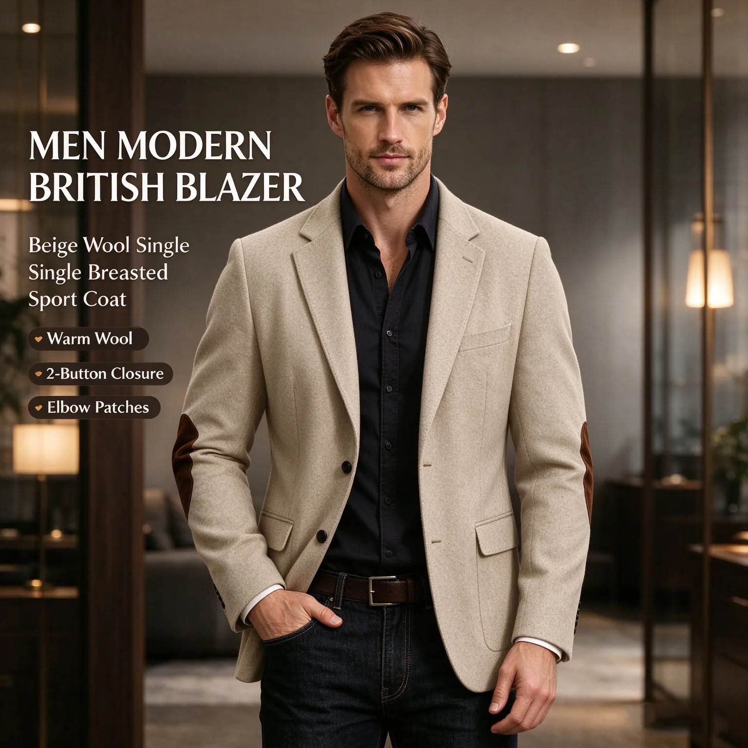 Men‘s Wool Blend Blazer Notched Lapel Elbow Patches Sport Coat Vintage British Smart Casual Suit Jacket Autumn Winter Outerwear