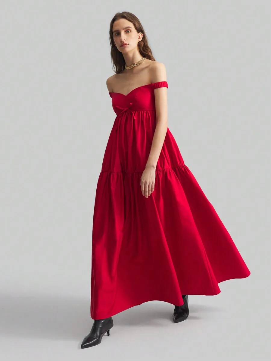 

Womens Red Off Shoulder Ruched Waist A-Line Floor Length Party Dress