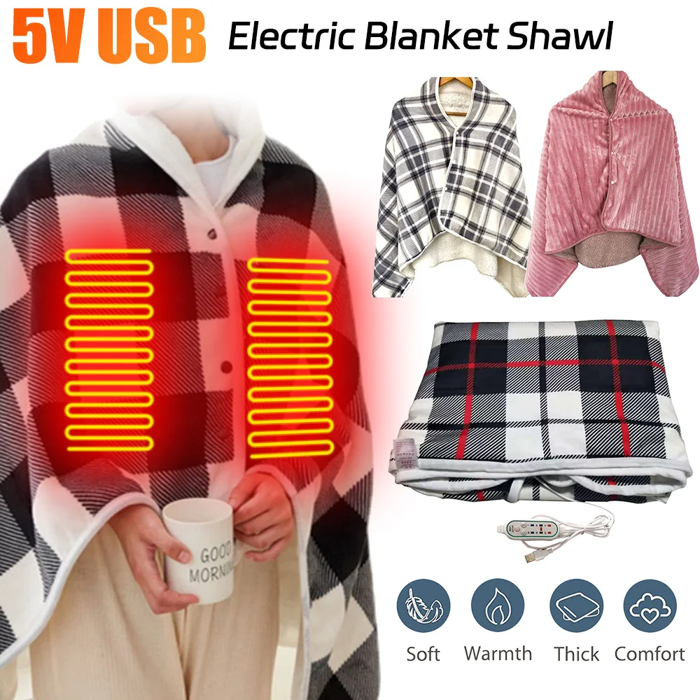 5V Wearable Heating Electric Blanket Shawl 3 Heated Level Throw Blanket USB Charging Coral Velvet 8 Heated Areas Fast Heating