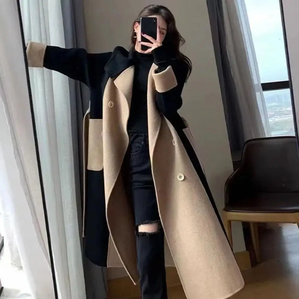 

Women Jacket with Lapels Stylish Women's Double-breasted Winter Coat with Belt Pockets Chic Contrast Color for Commuting