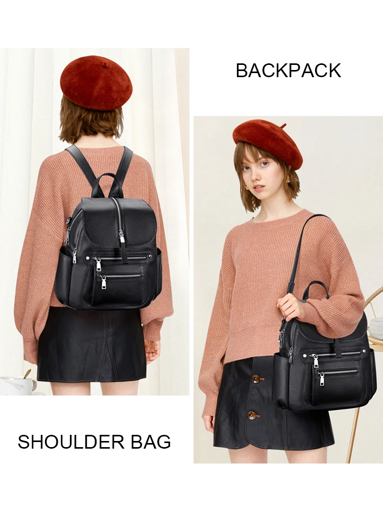 DOLEESUNE – sac à dos en cuir de vache véritable pour femmes, sac à épaule tendance Convertible, sac de jour multi-poches pour université