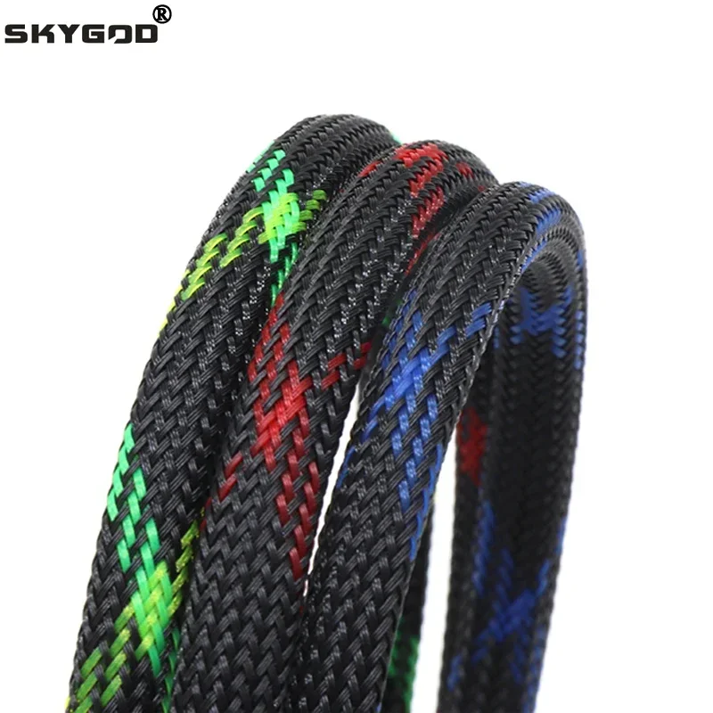 1/5/10M Black+Blue/Red/UV Green+Yellow Tight High Density PET Braided Sleeve 3 - 30mm Insulated Line Cable Protection Expandable