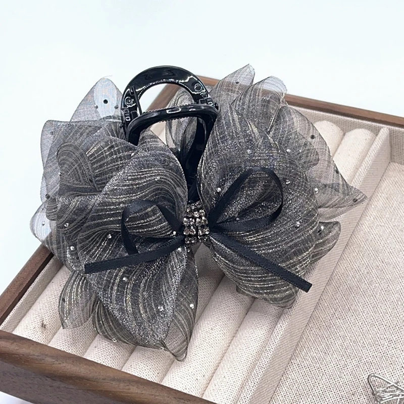 

Модные элегантные стразы со звездным небом, сетчатый бант, когти для волос, женские заколки для волос с хвостиком, аксессуары для головного убора