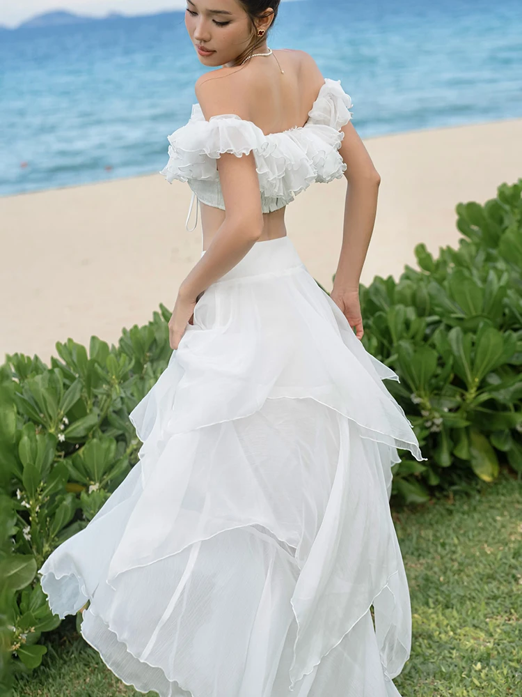 マチェダ Y2K スタイル 2 点セット女性の夏の新トレンドオフショルダーティアードクロップトップス + ロングスカートホリデーシャーリングエレガントな衣装