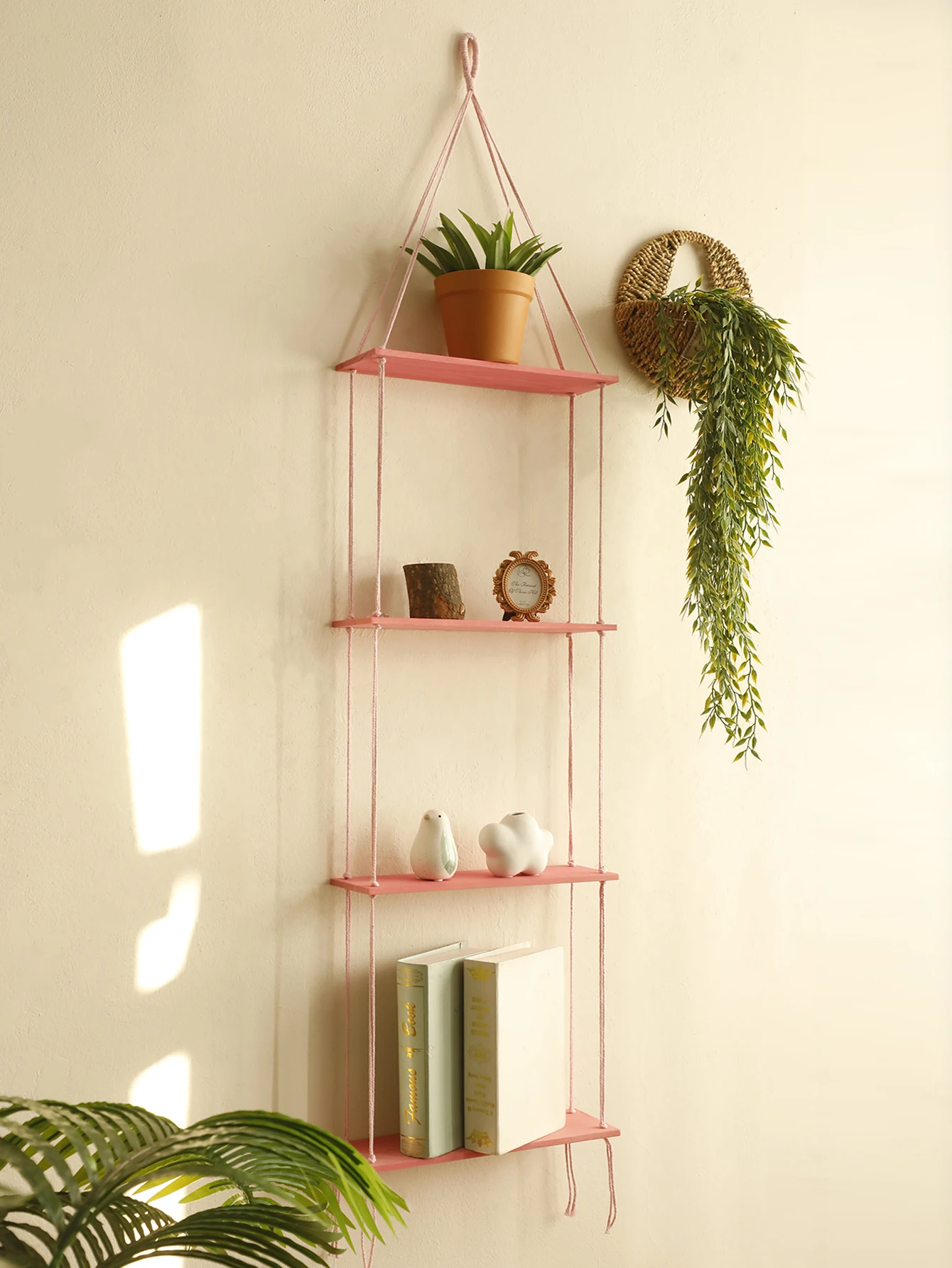 4 Layer Wooden Shelves Floating Wall Shelf Pink Color Flower Pot Rack Display Stand for Boho Bedroom Home Decoration Room Gift