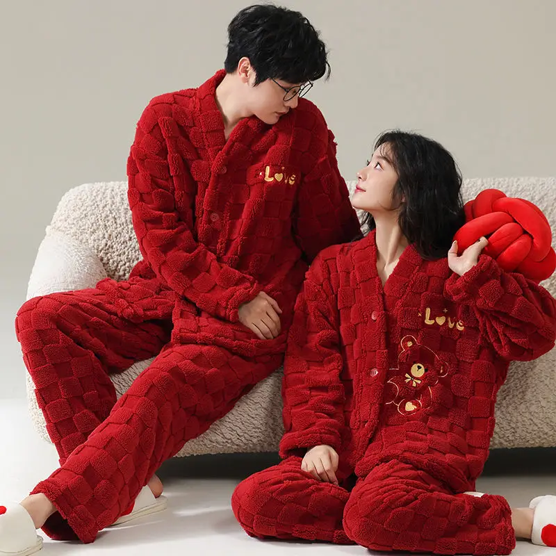 Lovebird Pajama Sets Women's autumn and Winter Coral Velvet Thickened Warm Lapel Flannel Men's Homewear Set Couple Sleepwear