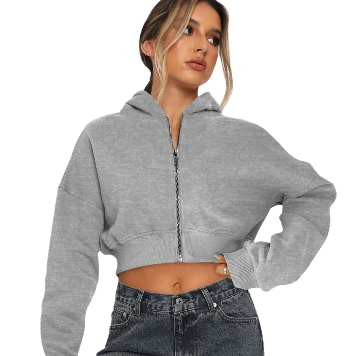 Fleece Zip Up Hoodie Sweatshirt Long Sleeved High Waist Crop Tops Outerwear Hoodies Streetwear for Women