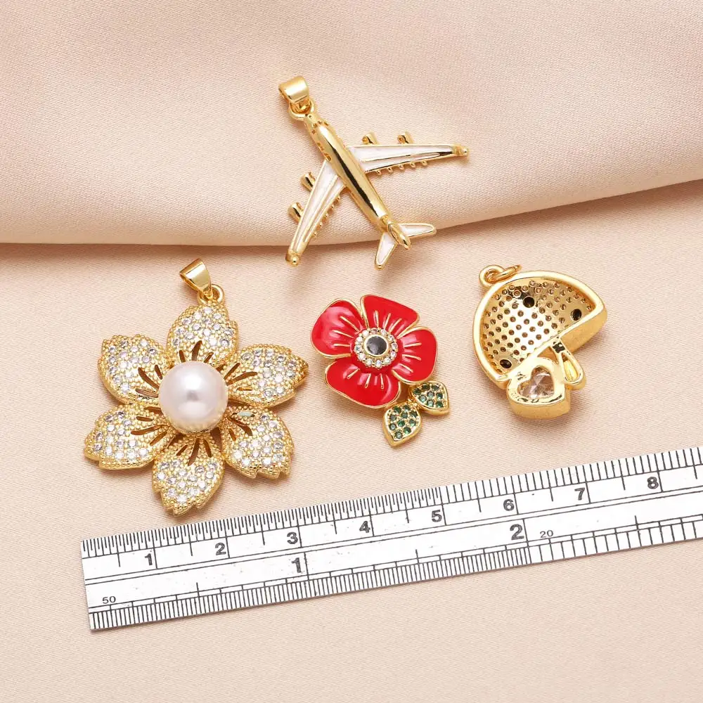 OCESRIO Big Bead Red Enamel Flower Pendant for Necklace Copper Gold Plated Mushroom Airplane Jewelry Making Supplies pdtb839