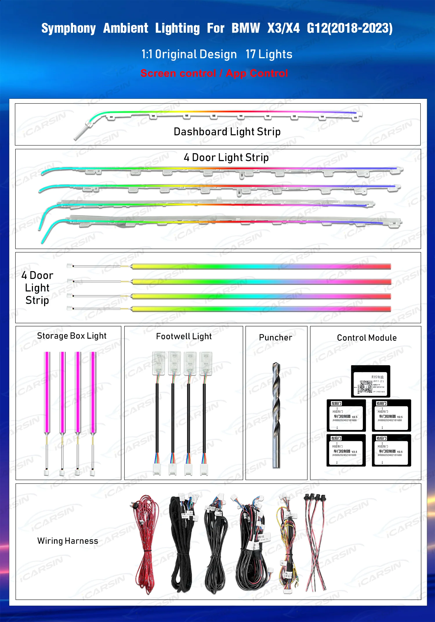 ICarsin G01 G02 Ambient Lighting Upgrade Kit for BMW X3 X4 2018 - 2023 Interior LED Light Trim Accessories Atmosphere Lamp