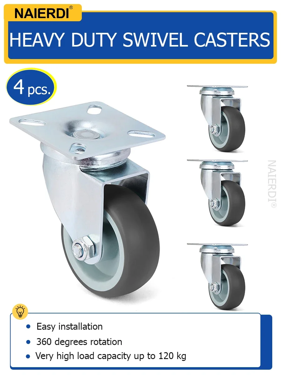 

NAIERDI 4/8/12PCS 2 inch Casters Heavy Duty Swivel Caster Wheels No Floor Marks Silent Plate Casters for Platform Trolley