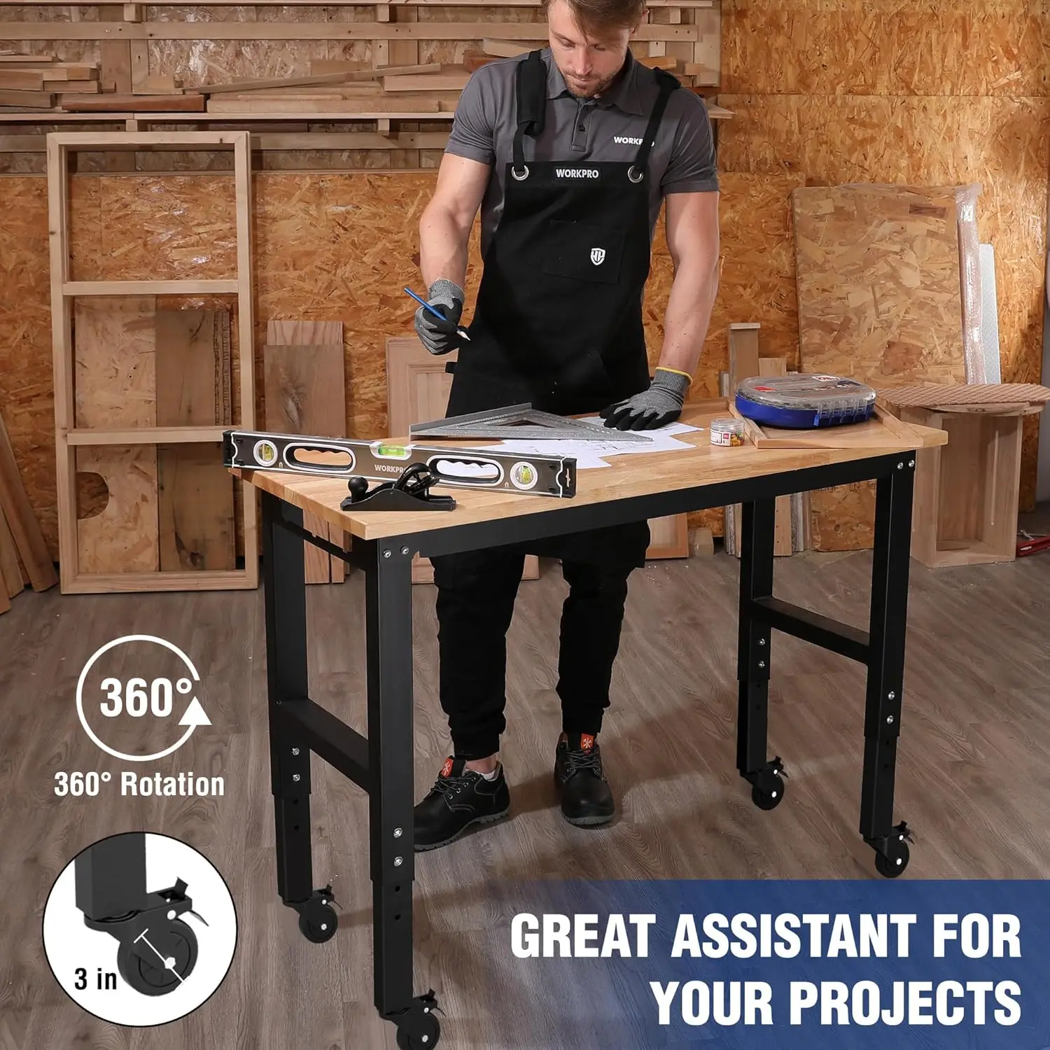 WORKPRO โรงรถ 48 "X 22" Workbench ปรับได้พร้อมล้อยางไม้ Heavy-Duty Workstation พร้อม Power Outlets 1000 ปอนด์