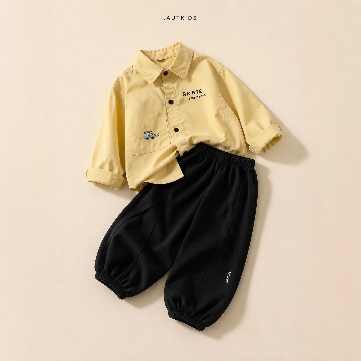 Boys' Autumn Outfit Set 2026 New Fashion Lapel Pure Cotton Shirt and Loose Tapered Pants Two Price Sets