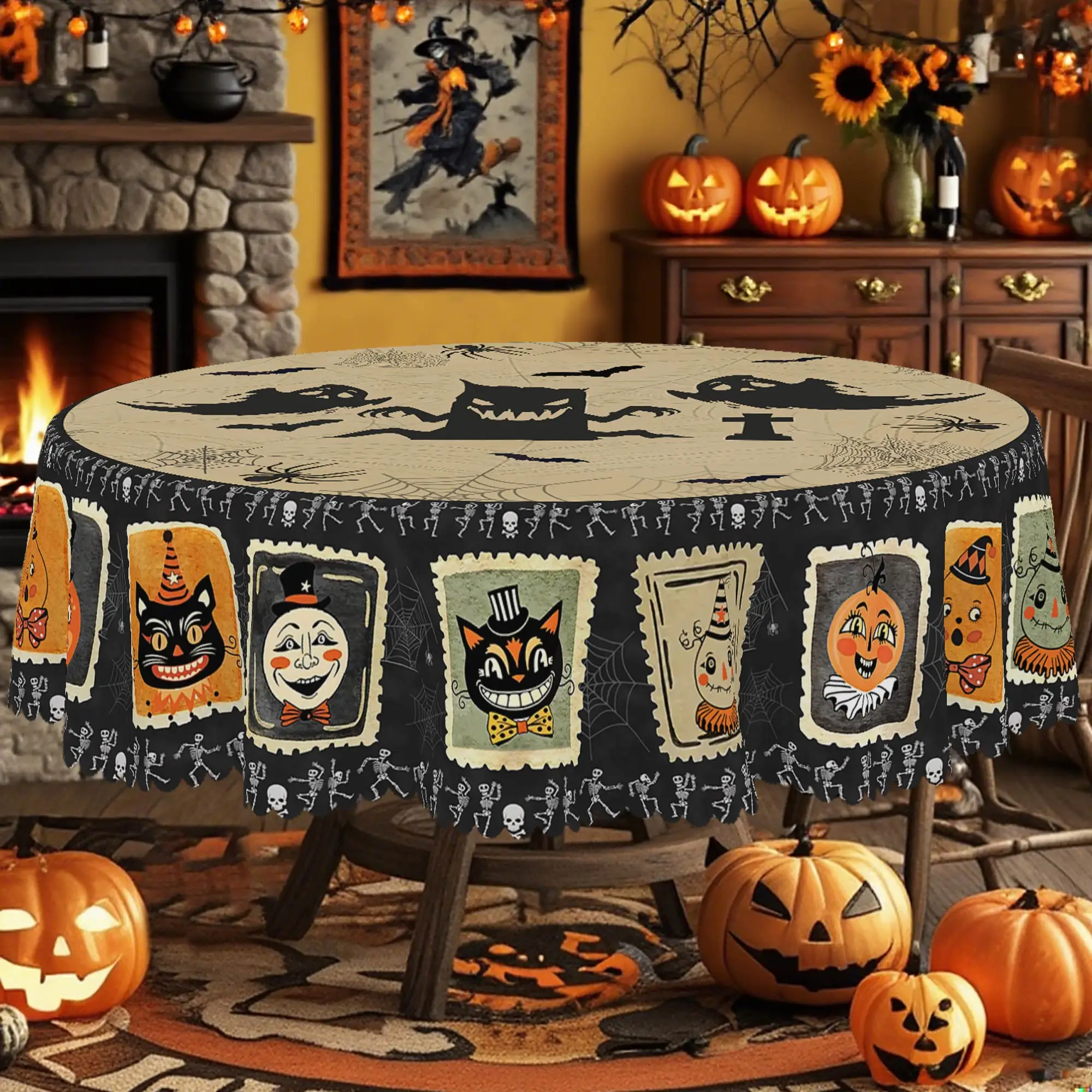 1 Piece Halloween-Themed Printed Tablecloth, Featuring Black Cats, Skulls, and Ghost Patterns, Suitable for Holiday Gatherings, Halloween Party Decorations, Kitchen Accessories, Restaurant Terrace Decorations, Boy's Room Decorations, Perfect Gift for Friends, Round and Rectangular Tablecloths, Available in Various Sizes