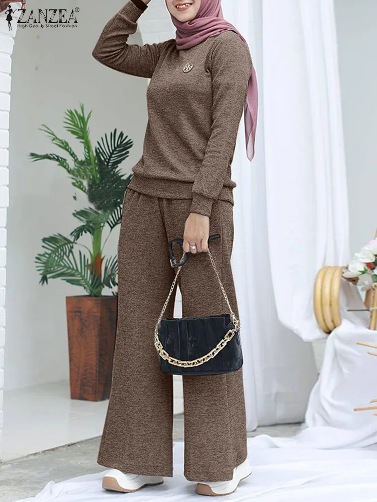 

ZANZEA Muslim Tracksuits Women Fashion Matching Sets Spring Long Sleeve Blouse Wide Leg Pant Sets Casual Loose Outfits Oversize