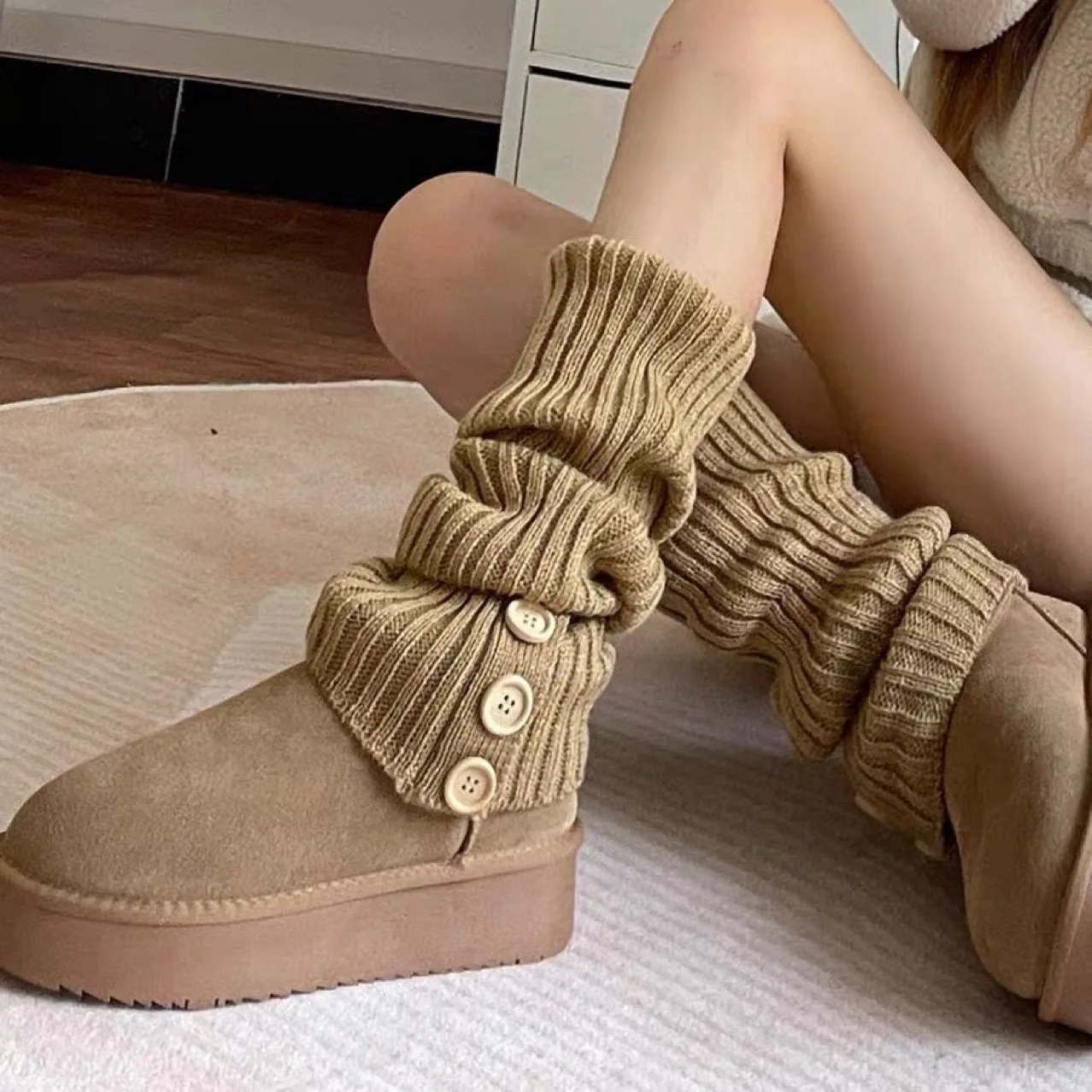 Socks Knitted Rad Autumn and Winter Warm Babes Pile Socks Buttons