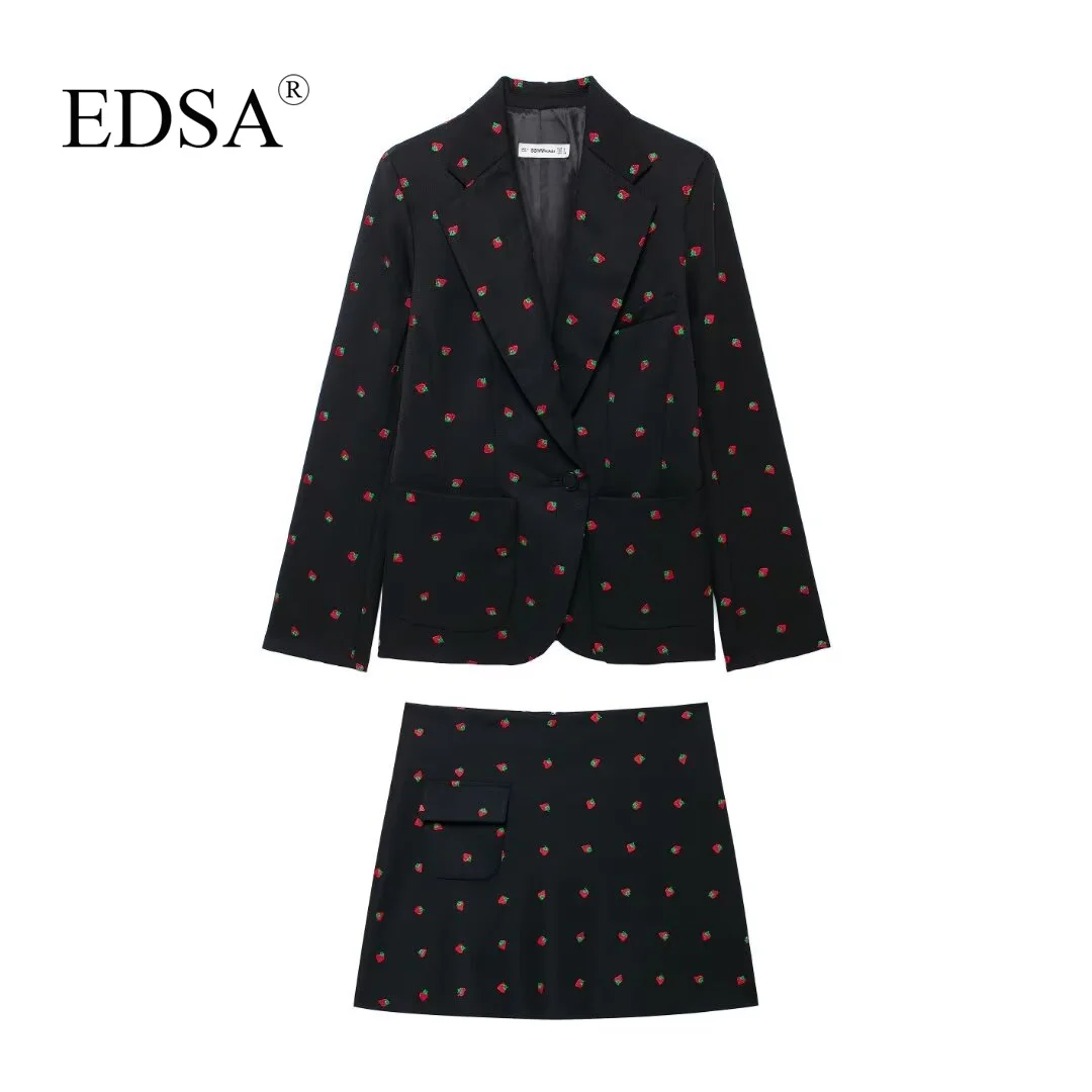 EDSA Women Wool Blended Strawberry Printed Skirts Set 2 Pcs Black Blazer Jacket High Waist Striaght Mini Skirts for Office Lady