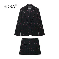 EDSA Women Wool Blended Strawberry Printed Skirts Set 2 Pcs Black Blazer Jacket High Waist Striaght Mini Skirts for Office Lady