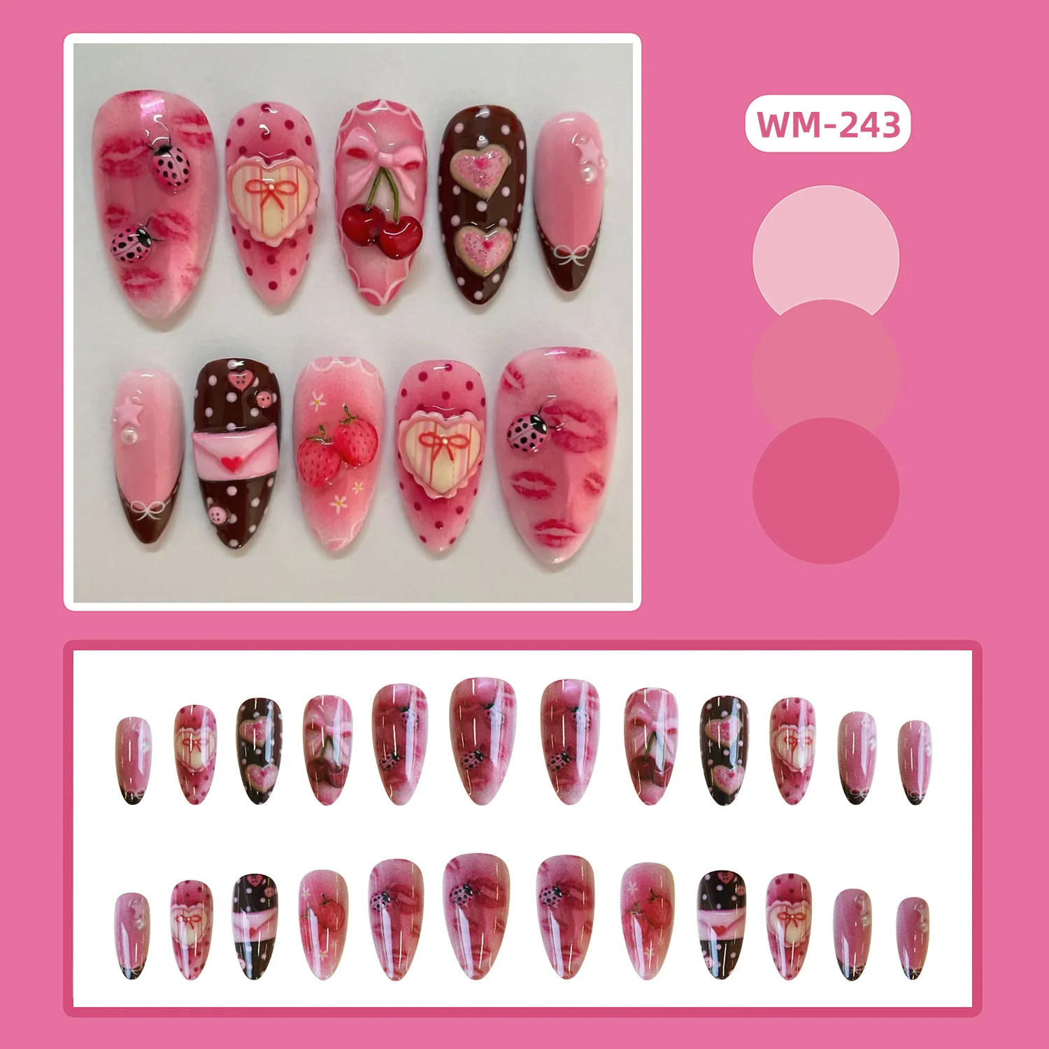 24pcs Y2k Sweet Cool Press On Nails Gradient Blush Pink Almond False Nails Cute Cartoon Cherry Bowknots Decor French Fake Nail image 2
