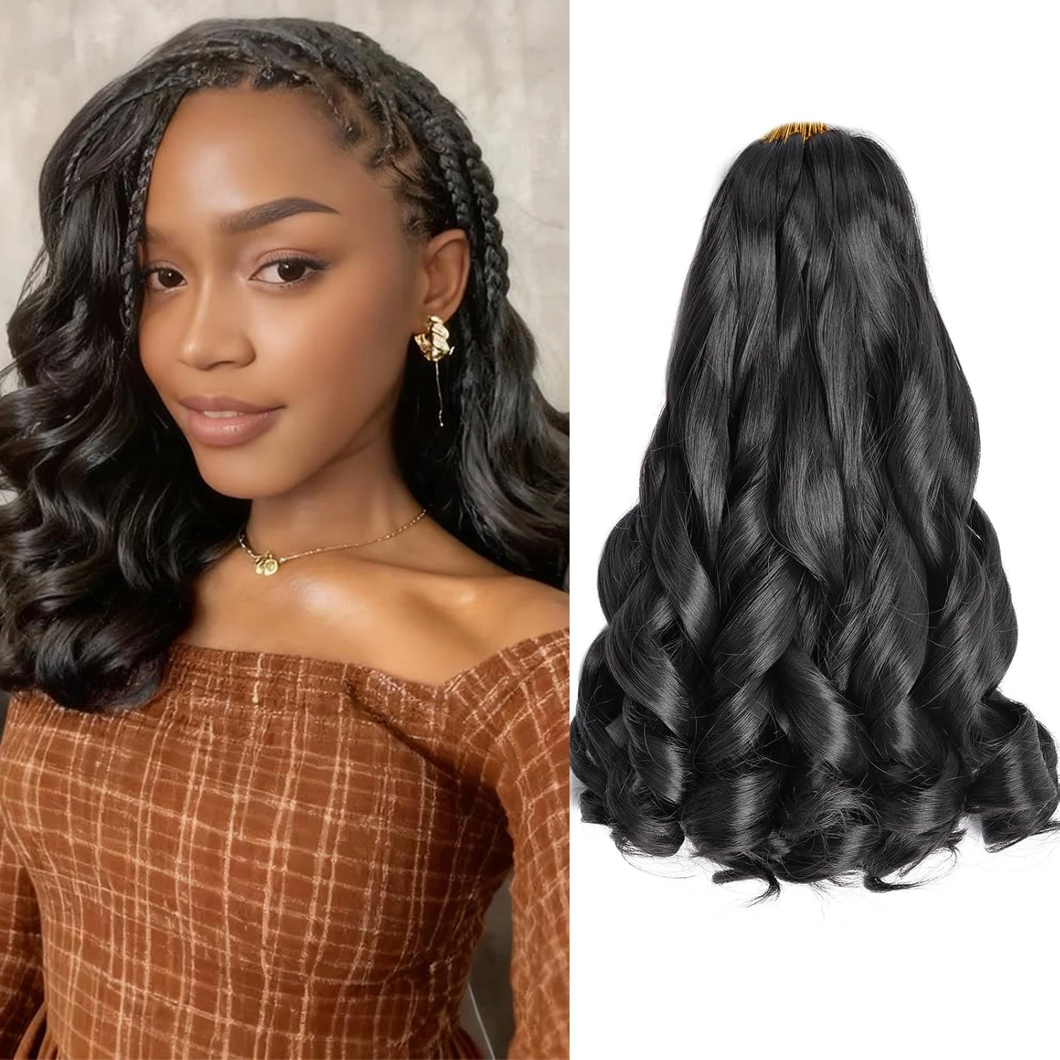 프렌치 컬리 브레이딩 헤어 12/16/20/24인치 루즈 웨이브 1-6팩 # 1B 블랙 탄력 있는 브레이딩 헤어 익스텐션 합성