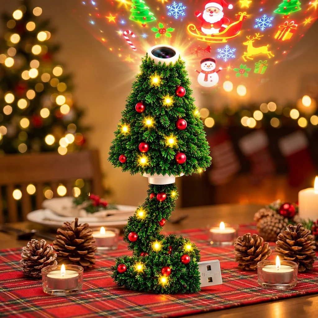 Tchristmas Tree Night Light Projector Usb 6 Pattern Slides Santa Reindeer Snowflake Warm White Kids Room Holiday Gift