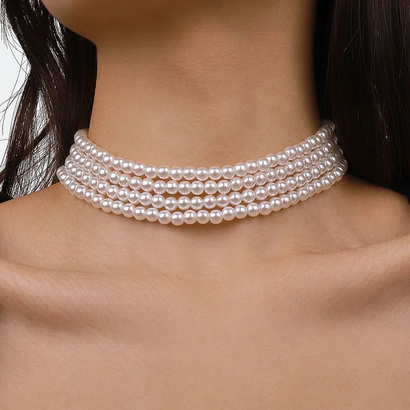 Vintage Multi-Layer White Imitation Pearl Choker Necklace Fashion Simple Short Clavicle Chain Women Party Wedding Bride Jewelry