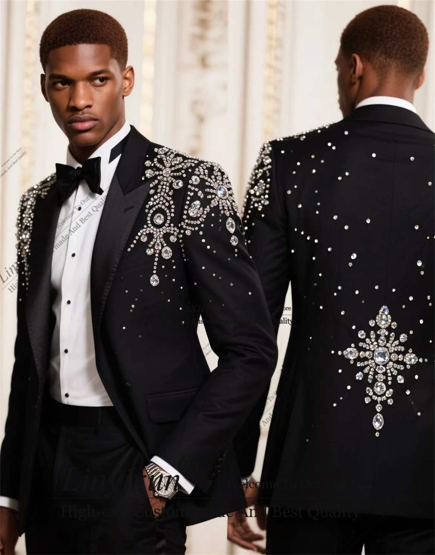 

Designer's Style Rhinestones Diamond Men Suits 2 Pieces Male Party Prom Blazer Customized Ropa Hombre Peaked Lapel Groom Tuxedos