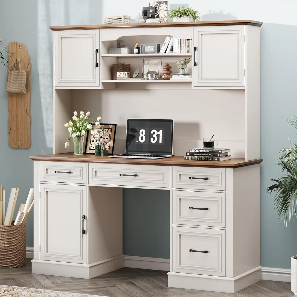 مكتب تنفيذي للمزرعة مقاس 67 بوصة مع خزانة. محطة عمل خشبية مع 5 أدراج وخزانة تخزين وأدراج الملفات ومحطة شحن،