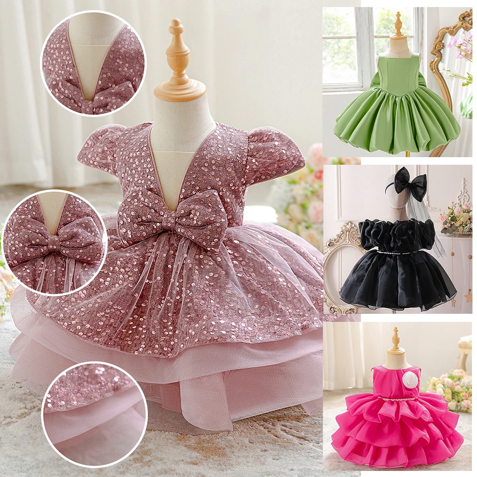 

Платье принцессы с бантом и блестками для девочек, детские однотонные элегантные платья, детское платье с цветочным узором для девочек, костюм для дня рождения, свадьбы, вечеринки