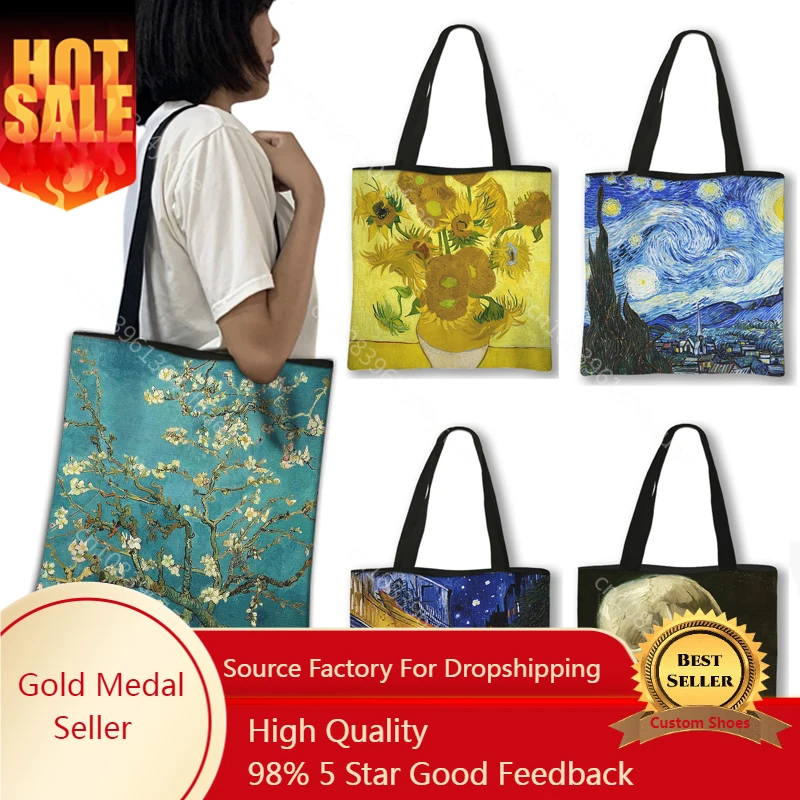 

Oil Painting By Van Gogh Shopping Bags Blossoming Almond Tree / Starry Night Women Handbag Canvas Shoulder Bags Casual Totes