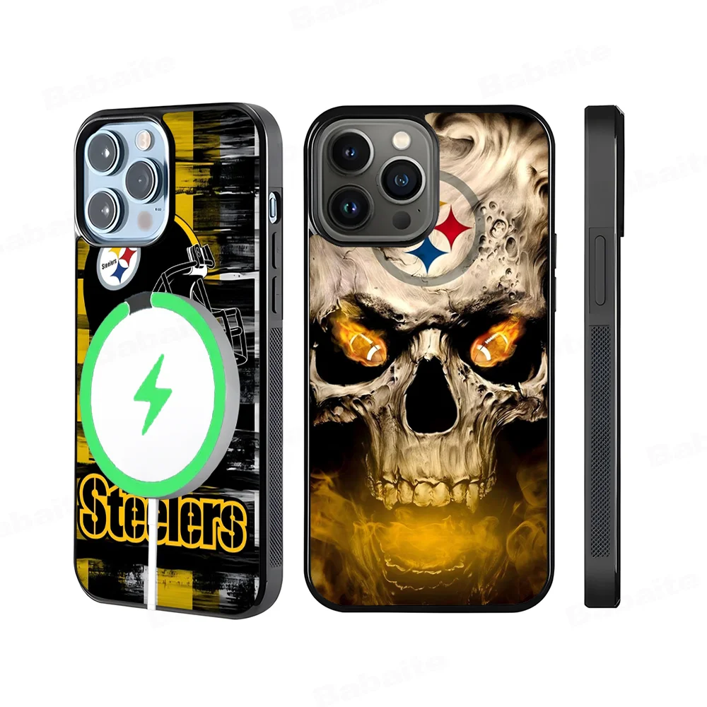 S-Steelers Team Phone Case Magesafe Magnetic Wireless Charge Case For iPhone 16 11 12 13 14 15 Pro Max Plus Mini