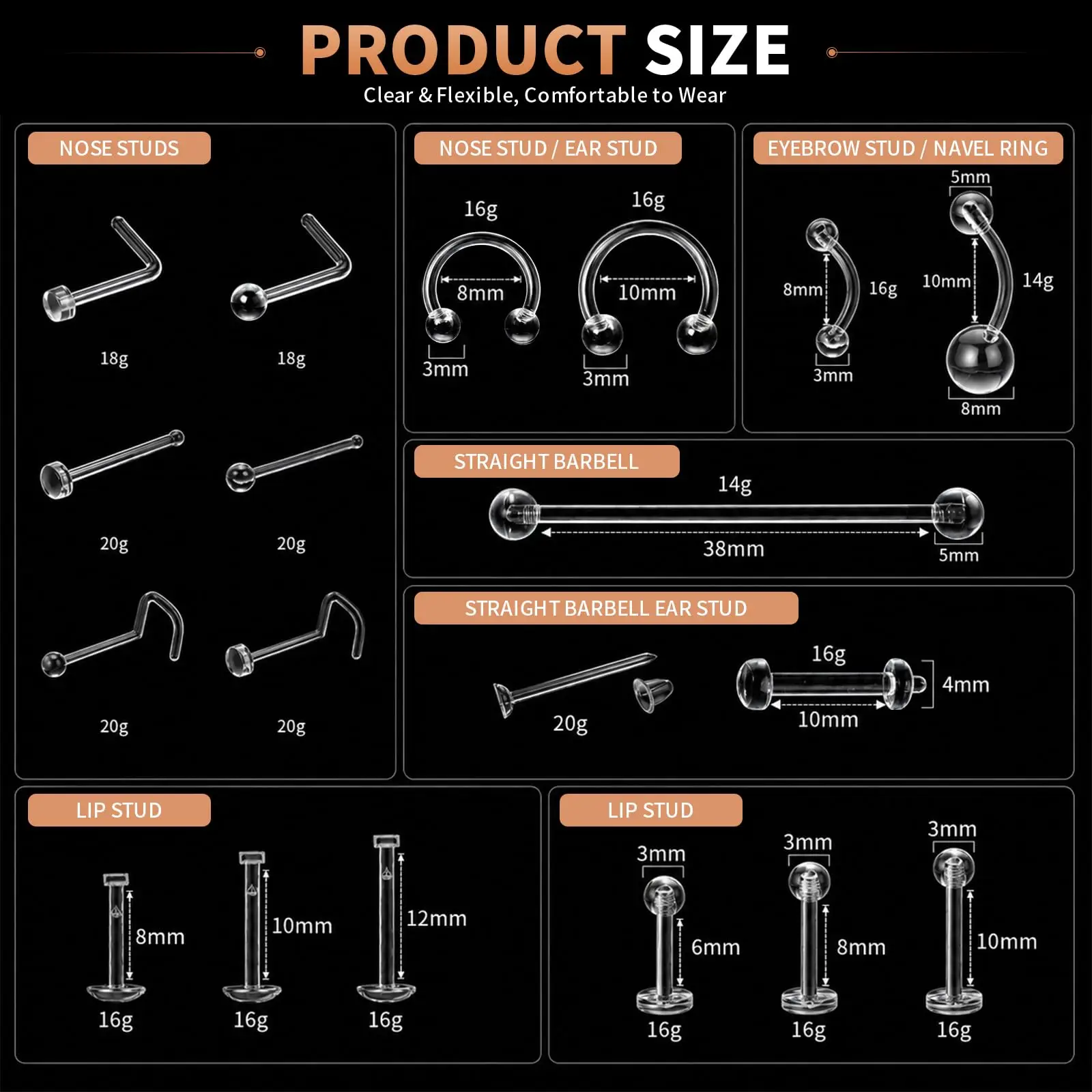 76Pcs Plastic Clear Retainers Body Piercing Kit Nose Lip Eyebrow Navel Tongue Tragus Flexible Jewelry Set Surgery Sports Work
