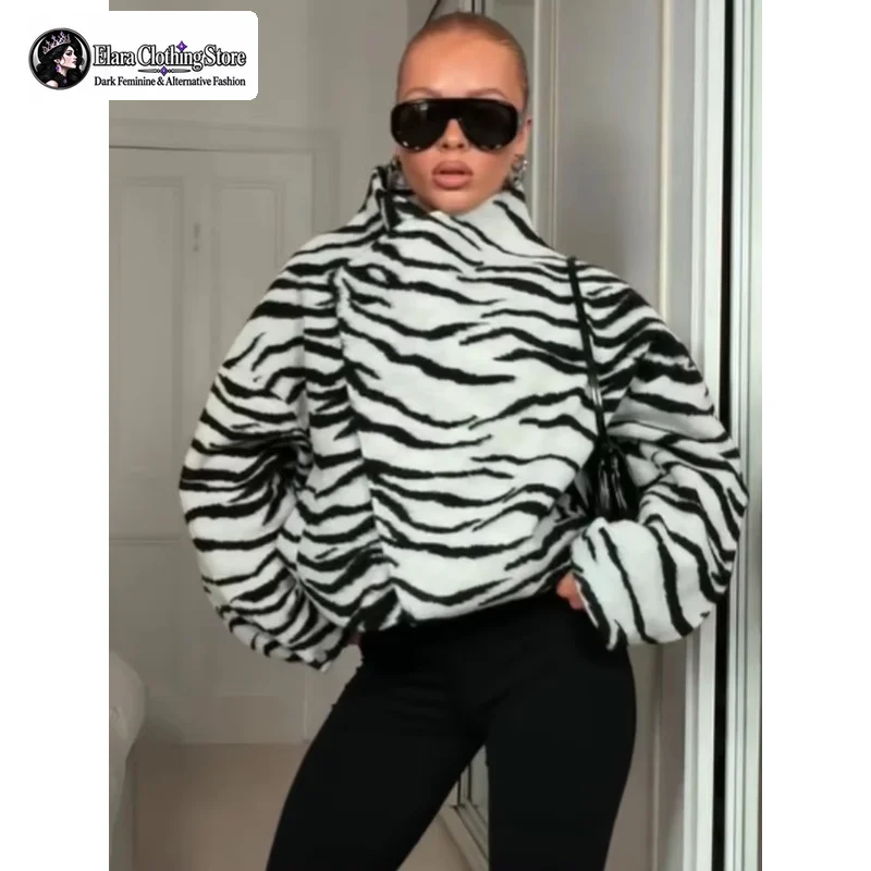 Elara European and American Style Autumn and Winter Y2k Style Retro Fashion Zebra Print Jacket Women's High Neck Short Jacket