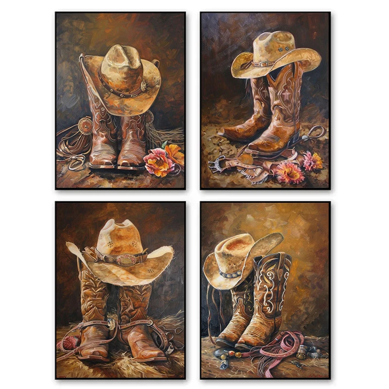 Vintage Classic Western Cowboy Boots Hat Posters and Prints Canvas Printing Wall Art Picture for Living Room Home Decor Gifts